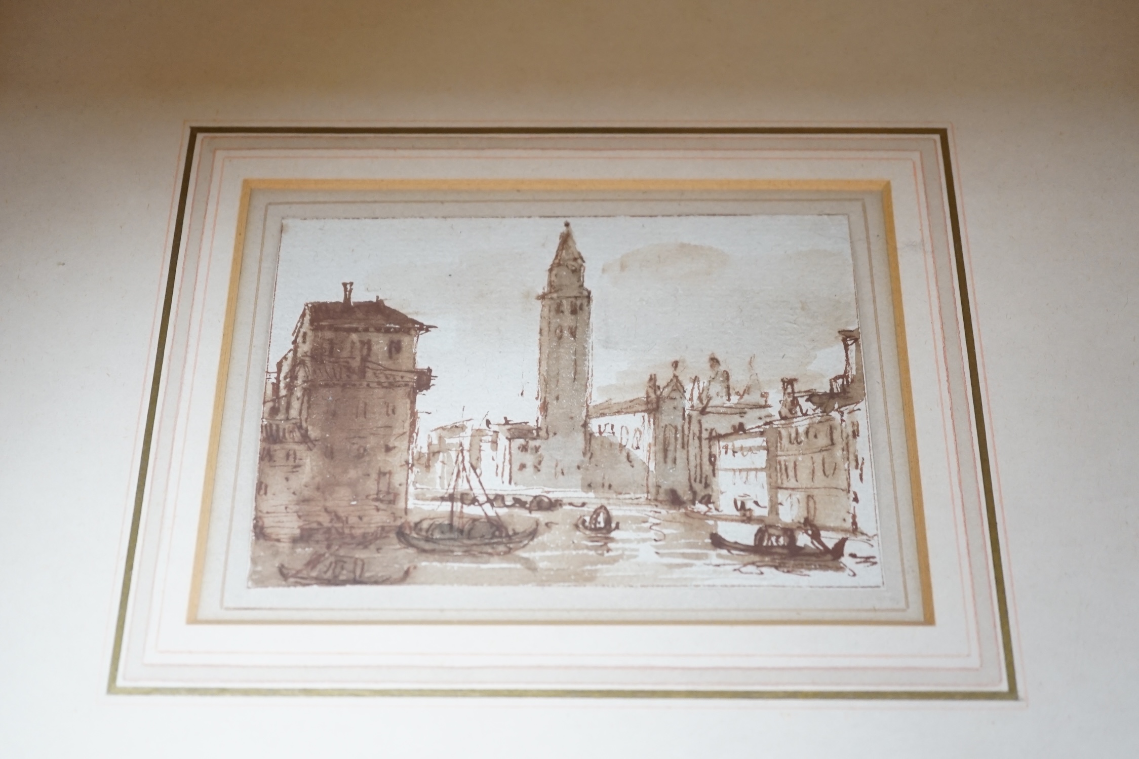 Four 18th/19th century sepia pen and ink sketches, Venetian scenes including 'La douane de mer a Venise', largest 10.5 x 14cm. Condition - fair, discolouration and foxing throughout commensurate with age